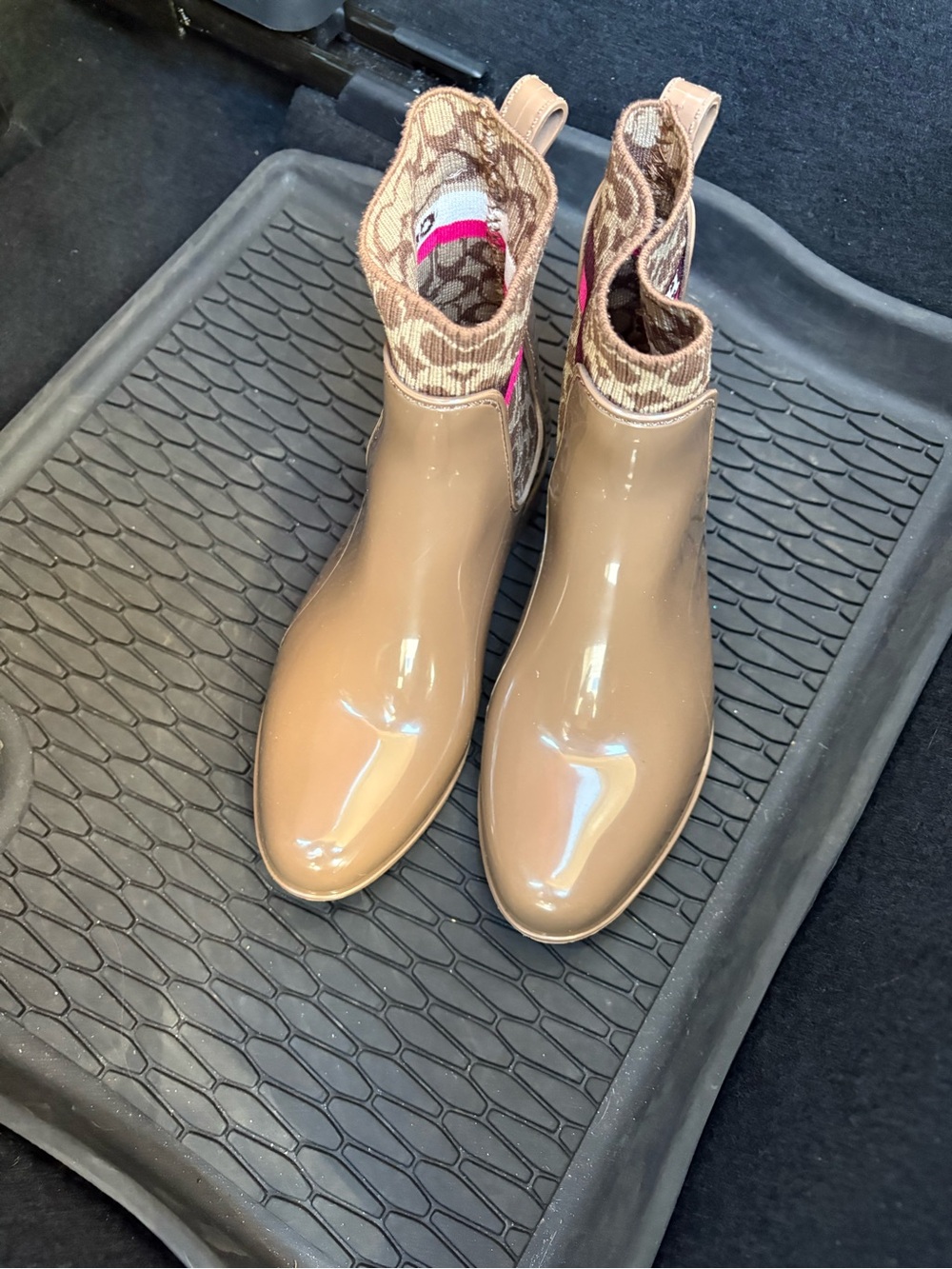 Coach Brown Chelsea Rain Booties with Signature Monogram Knit Collar - Picture 2 of 3